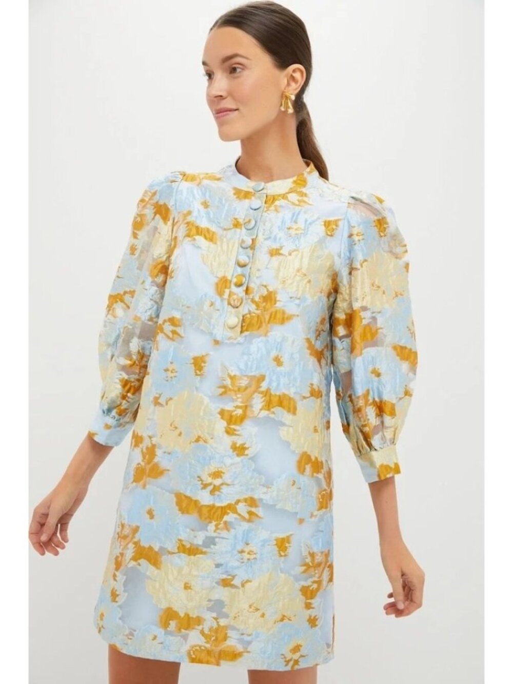 Pomander Place Blue and Gold Floral Mini Dress